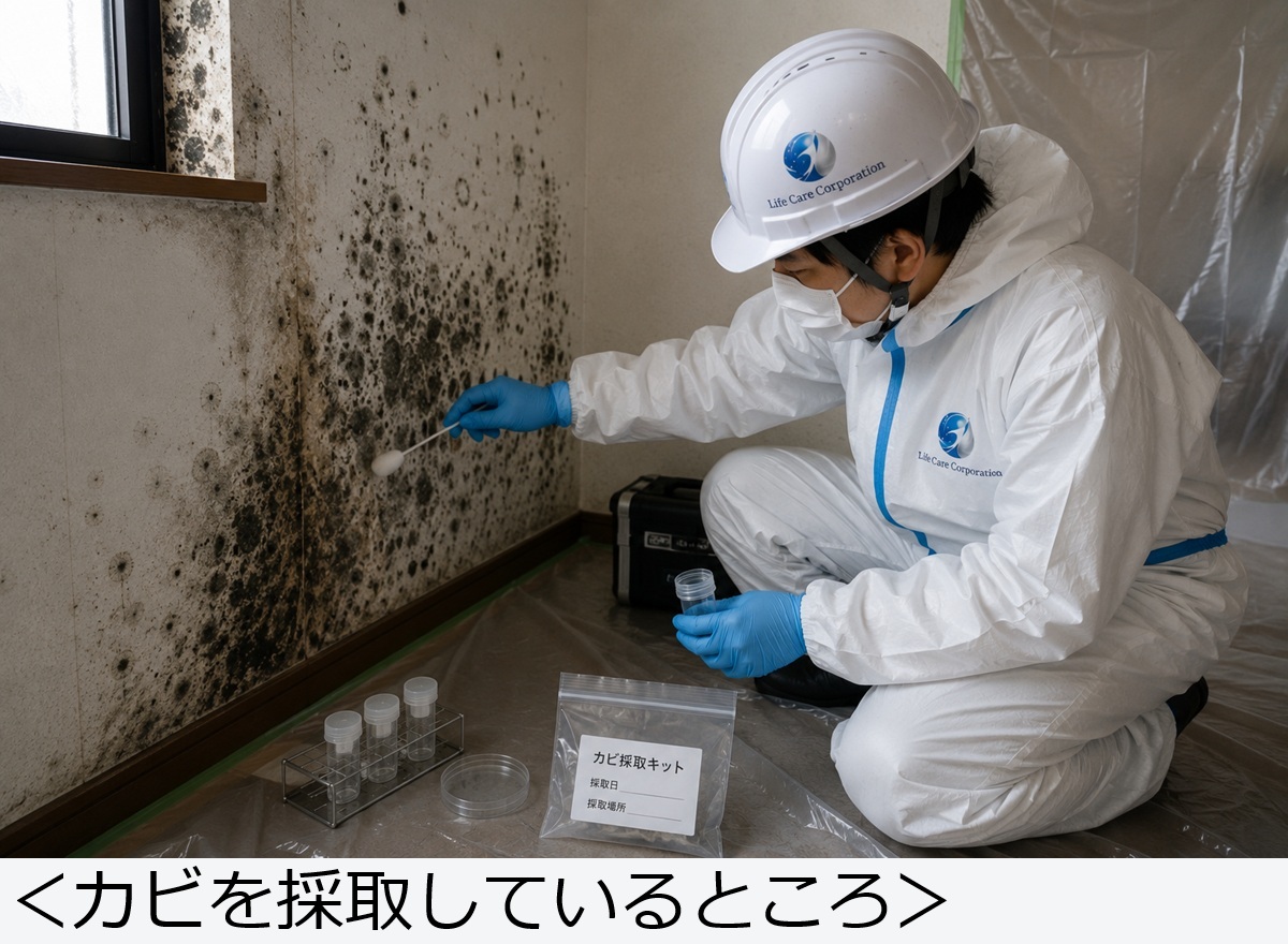 カビを採取しているところ